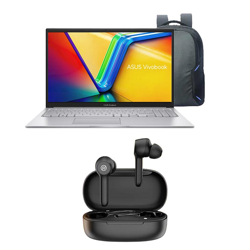 Picture of Asus Vivobook 15 - Intel Core i3-1315U 15.6" (39.62cm) X1504VA-BQ321WS Thin & Light Laptop (8GB/ 512GB SSD/ Full HD Display/ Intel UHD Graphics/ Windows 11 Home/  Office Home 2024/ 1 Year Warranty/ Cool Silver/ 1.70 kg) with Laptop Bag + Noise Buds VS201 V3 in-Ear Truly Wireless Earbuds